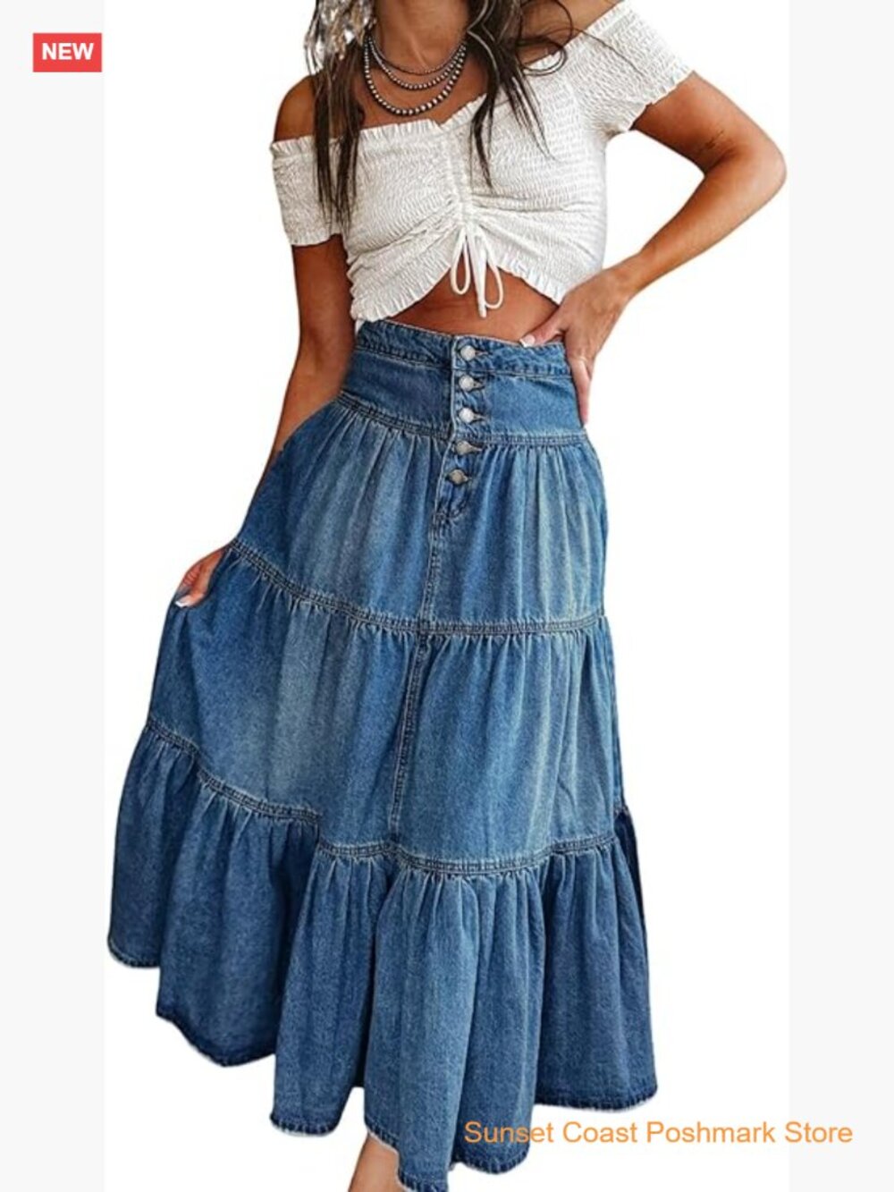 High Rise Button-Fly Tiered Ruffle A-Line Denim Maxi Skirt with Pockets